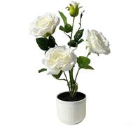 Arreglo de rosas artificiales en maceta de arena negra, goma suave y pétalos de seda, centro de mesa floral hecho a mano, decoración moderna de mesa para boda, oficina en casa (blanco)