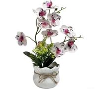 Arreglo floral artificial que imita la orquídea Phalaenopsis en maceta de rejilla para decoración del hogar, oficina, dormitorio y pasillo (lunares blancos morados)