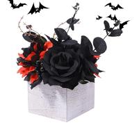 Arreglo Floral De Halloween - Ramo De Flores Artificiales | Flores Decorativas | Ramo De Flores Negras Muertas Con Jarrón De Madera | Centro De Mesa De Estilo Gótico Decoración De Autobús En