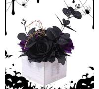 Arreglo Floral De Halloween - Ramo De Flores Artificiales | Flores Decorativas | Ramo De Flores Negras Muertas Con Jarrón De Madera | Centro De Mesa De Estilo Gótico Decoración De Autobús En
