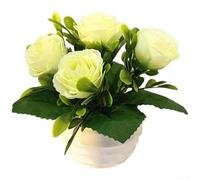 Arreglo floral de rosas de 5 flores en maceta pequeña para decoración de mesa, sala de estar, dormitorio y oficina (blanco)