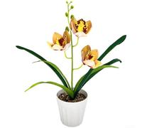 Arreglo floral en maceta de orquídeas Cymbidium de plástico para el hogar, oficina, sala de estar, dormitorio y configuración de telón de fondo de boda (naranja-amarillo)
