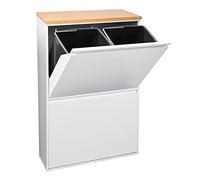 ARREGUI Basic-E CR601-B37 Cubo de basura y reciclaje de acero de 4 cubos con encimera de madera, mueble de reciclaje, 4 x 17 L (68 L), blanco con encimera roble trigo