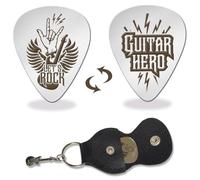 Arricraft 1 púa de acero inoxidable, púas Let's Rock Guitar Hero con soporte de cuero, calibre medio (1,0 mm), 3,5 cm x 2,8 cm, adecuadas para bajo eléctrico-acústico, banjo, ukelele