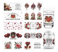 arricraft 10 hojas de papel para vasos de vidrio de 16 onzas, rosas rojas de junio con espada, pistola y espada para frotar en calcomanías The Love Life Never Declines, calcomanías de transferencia