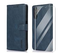 ARRYNN Funda Samsung Galaxy A14 4G / 5G (6.6") con Cristal Templado Protector de Pantalla,Premium PU Funda de Cuero Cover - Azul