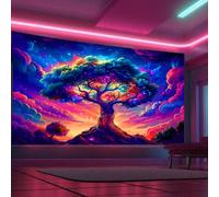 Arsey Tapiz de luz negra con diseño de árbol de la vida, psicodélico UV, reactivo, galaxia, cielo, multicolor, paisaje, árbol de la vida, decoración de pared para salón, 300 x 180 cm