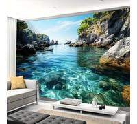 Arsey Tapiz de pared paisaje mediterráneo, agua cristalina con rocas, azul bahía del mar Tapices Naturaleza para dormitorio, salón, fotografía fondo 230 x 180 cm
