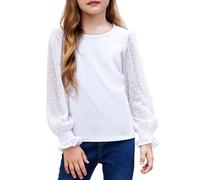Arshiner Camisa de Manga Larga para niña con puños con Volantes y Lunares suizos, Linda Blusa con Cuello Redondo para niña, Color Blanco, 150
