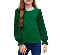 Arshiner Camiseta de Manga Larga para niña con puños Fruncidos y Volantes, Camiseta de Lunares para niña, Bonita Camiseta con Cuello Redondo, Blusa para niños, Verde, 140