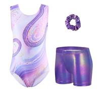 Arshiner Maillot Gimnasia Ritmica Niña Conjunto de Gimnasia Tres Piezas sin Mangas para Verano Entrenamiento Moderno Conjunto de Body y Pantalón Corto Maillot Ballet Niña Rosa Púrpura 9-10 Años