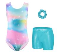 Arshiner Maillot Gimnasia Ritmica Niña Conjunto de Gimnasia Tres Piezas sin Mangas para Verano Entrenamiento Moderno Conjunto de Body y Pantalón Corto Maillot Ballet Niña Arcoíris 9-10 Años