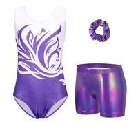 Arshiner Maillot Gimnasia Ritmica Niña Conjunto de Gimnasia Tres Piezas sin Mangas para Verano Entrenamiento Moderno Conjunto de Body y Pantalón Corto Maillot Ballet Niña Blanco Morado 9-10 Años