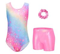 Arshiner Maillot Gimnasia Ritmica Niña Conjunto de Gimnasia Tres Piezas sin Mangas para Verano Entrenamiento Moderno Conjunto de Body y Pantalón Corto Maillot Ballet Niña Estrellas 7-8 Años