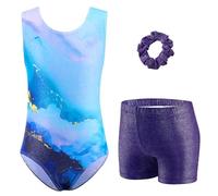 Arshiner Maillot Gimnasia Ritmica Niña Conjunto de Gimnasia Tres Piezas sin Mangas para Verano Entrenamiento Moderno Conjunto de Body y Pantalón Corto Maillot Ballet Niña Azul 9-10 Años