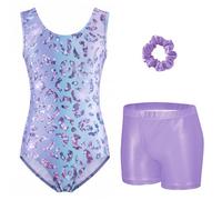 Arshiner Maillot Gimnasia Ritmica Niña Conjunto de Gimnasia Tres Piezas sin Mangas para Verano Entrenamiento Moderno Conjunto de Body y Pantalón Corto Maillot Ballet Niña Leopardo 9-10 Años