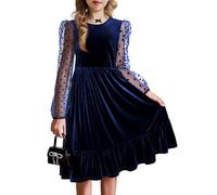 Arshiner Niña Vestido de Terciopelo Vestido de Manga Larga Vestido Informal con Volantes Vestido con Mangas Abullonadas Vestido de Fiesta Vestido de Noche para Niños con Bolsillos Azul 6-7 Años