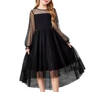 Arshiner Niña Vestido Negro de Fiesta Invierno de Manga Larga Vestimenta de Tul con Corte Asimétrico Funerario Halloween Vestido 10-12 años