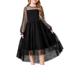Arshiner Niña Vestido Negro de Fiesta Invierno de Manga Larga Vestimenta de Tul con Corte Asimétrico Funerario Halloween Vestido 10-12 años