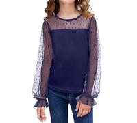 Arshiner Niñas Camiseta de Manga Larga Gasa Niño Manga Farol Cuello Redondo Camiseta Elegante Casual Moda Manga Larga para Niñas 7-8 años Azul Marino