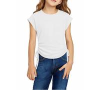 Arshiner Niñas Camisetas Manga Corta Extended Shoulder Niños Verano T-Shirt Algodón Cuello Redondo Manga Corta Shirt y Cordón para Niñas 6-7 Años Blanco