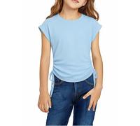 Arshiner Niñas Camisetas Manga Corta Extended Shoulder Niños Verano T-Shirt Algodón Cuello Redondo Manga Corta Shirt y Cordón para Niñas 6-7 Años Azul Claro