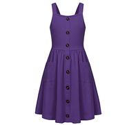 Arshiner Niñas Vestidos Sin Mangas Niños Botón Delantero Algodón Vestido Verano A-Line Casual Vestido Elegante Festivo Swing Vestido para Niñas 9-10 Años Morado Oscuro