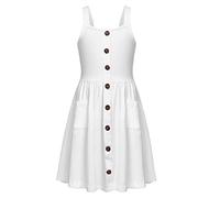 Arshiner Niñas Vestidos Sin Mangas Niños Botón Delantero Algodón Vestido Verano A-Line Casual Vestido Elegante Festivo Swing Vestido para Niñas 9-10 Años Blanco