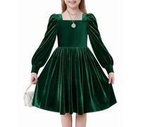 Arshiner Niñas Vestidos Terciopelo Invierno Elegante Festivo con Cuello Cuadrado Mangas de Linterna Casual Manga Larga Vestidos para Niños 13-14 Años Verde