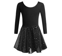 Arshiner Ropa de Ballet para Niña, Vestido de Manga Larga, Leotardo, Traje de Baile, Body de Algodón Con Falda de Gasa, Tutús, Negro, 150