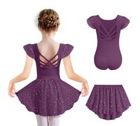 Arshiner Ropa De Ballet para Niños Vestido Morado Oscuro Malla Ballet Color Sólido Malla Niñas Traje Manga Corta Vestidos De Baile con Purpurina Y Tutú 6-7 Años