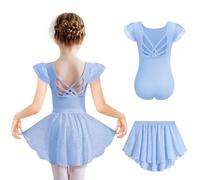 Arshiner Ropa para Niños Leotardo De Ballet Algodón Azul Vestido Sin Espalda Color Sólido Traje Ballet para Niñas Cuerpo Baile Dos Piezas con Falda 6-7 Años