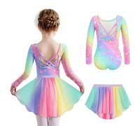 Arshiner Vestido de Ballet para Niñas Algodón Manga Larga Estrellas Arcoíris para Danza sin Espalda con Tutú para Niñas 9-10 Años