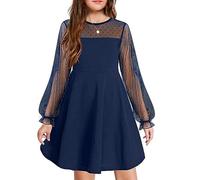 Arshiner Vestido de Manga Larga Niñas Malla A-Line Elegante Vestido de Fiesta Informal Vestido de Princesa otoño Invierno Volantes Azul Marino 150