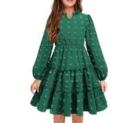 Arshiner Vestido de Manga Larga para Niña - Elegante Vestido de Fiesta en Gasa Con Cuello en V - Otoño e Invierno - Verde - 10-11 Años