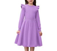 Arshiner Vestido de Punto para niña, Vestido de Jersey, Manga Larga, Vestido de otoño e Invierno, Cuello Redondo, Corte A, Vestidos Festivos Informales, Color Morado, 16
