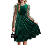 Arshiner Vestido de Terciopelo para Niña con Mangas de Malla Vestido Infantil de Corte A Vestido de Navidad para Niños Vestido de Otoño con Bolsillo Vestido de Fiesta Verde 6-7 Años