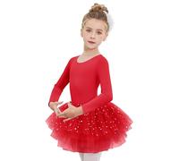 Arshiner Vestido de Tutú de Ballet para Niñas Malla de Manga Larga Traje de Baile de 4 Capas con Falda Brillante Traje de Ballet, Ropa de Baile para Edades de 7 a 8 años