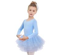 Arshiner Vestido de Tutú de Ballet para Niñas Malla de Manga Larga Traje de Baile de 4 Capas con Falda Brillante Traje de Ballet, Ropa de Baile para Edades de 7 a 8 años