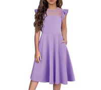 Arshiner Vestido de Verano para niñas, con Volantes, Manga Corta, de Malla, Corte A, Informal, para Fiesta, con Bolsillos, Morado, 140
