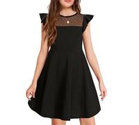 Arshiner Vestido de Verano para niñas Vestido Patinador de Malla de Manga Corta con 2 Bolsillos Laterales Vestidos Casuales Lisos de una línea 8-9T Negro 130