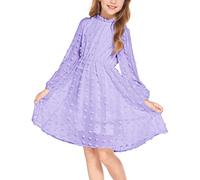 Arshiner Vestido Niña 5-13 Años Vestido Infantil de Gasa de Manga Larga Vestido Informal Vestido de Fiesta Boda Festiva Vestido de Corte A con Cuello Redondo Morado 140