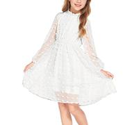 Arshiner Vestido Niña Elegante Una Línea Princesa Vestido Informal Vestido de Manga Larga Vestido de Fiesta Boda Festiva Cuello con Volantes Vestido Informal para Niña Blanco 150