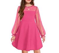 Arshiner Vestido niñas, Vestido Elegante de Fiesta de otoño Invierno de Manga Larga, Vestido de Princesa, Vestidos de Malla para niños hasta la Rodilla, Rosa Intenso 160