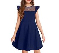 Arshiner Vestido para niña, Color Liso, Manga Ondulada, Malla, una línea, Vestido Skater, Vestido de Fiesta con 2 Bolsillos Laterales, Vestidos Casuales de Verano, 9-10T, Azul Marino, 140