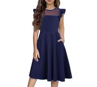 Arshiner Vestido para niña, Color Liso, Manga Ondulada, Malla, Vestido Skater de línea A, Vestido de Fiesta con 2 Bolsillos Laterales, Vestidos Casuales de Verano, 6-7T, Azul Marino 120