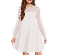 Arshiner Vestido para niña, Vestido de Manga Larga, Vestido de Malla, Línea A, Vestidos Informales para niños, Vestidos de Fiesta con Bolsillos, Blanco, 165