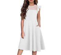 Arshiner Vestido para Niñas Verano Manga con Volantes Malla Una Línea Vestidos De Fiesta Informales con Bolsillos 8-9 Años Blanco 130