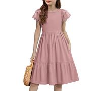 Arshiner Vestido Rosa Niña Fiesta Ceremonia Boda Elegante Casual Verano Manga Corta Liso Bolsillos Midi Corte A Ropa Infantil Moda Niñas Regalo Primer Dia De Clases Chic De Vuelo Primavera 8 9 Años
