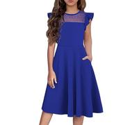Arshiner Vestido Skater de Malla de Verano para niñas, Vestidos de Fiesta para niños con 2 Bolsillos Laterales, Vestido Informal para niñas de 6 a 7 años, Azul Cielo 140